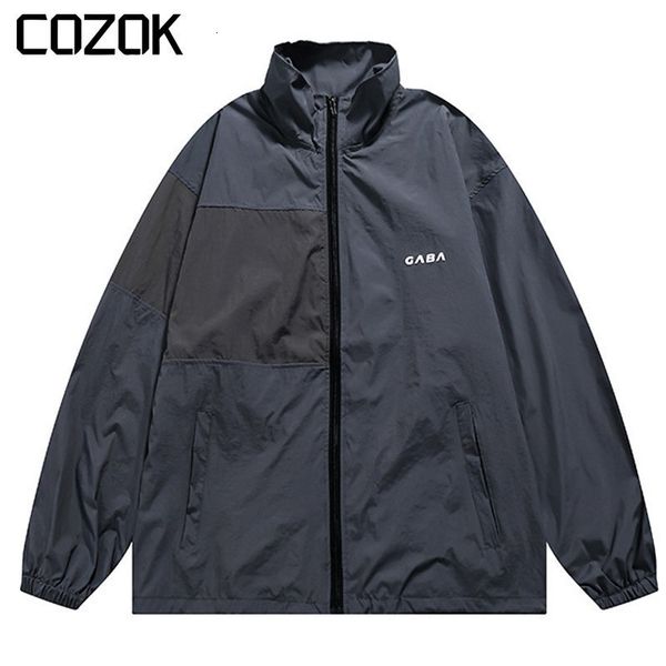 

mens jackets summer sunscreen jacket men patchwork letter print thin windbreaker stand collar outdoor sport college street coat couple 23072, Black;brown