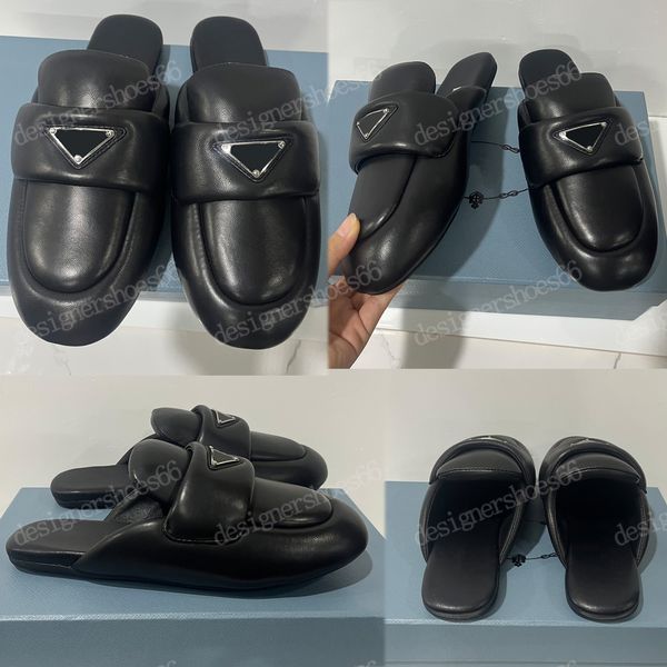 

soft padded nappas leather sabots sandals 1d109 enameled metal triangle logo light padding enhances the aesthetics of soft yet durable leath, Black
