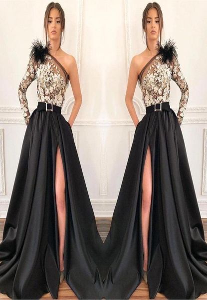 

one shoulder satin a line long prom dresses long sleeve lace applique feather split floor length formal party evening dresses bc165237302, Black