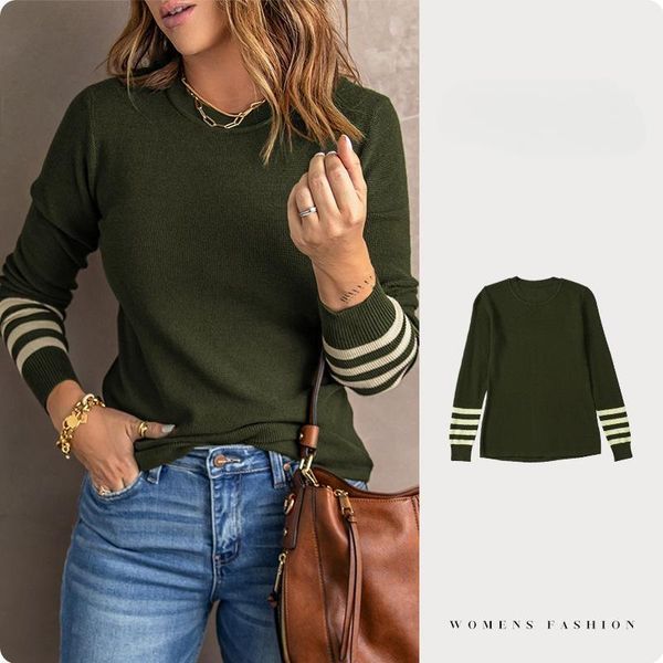 

women's sweaters green striped knit sweater fall winter new solid crew neck top, White;black