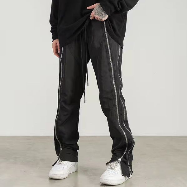 

men's pants harajuku both side double zipper pockets vibe style mens track pants high street straight oversized drawstring casual trous, Black