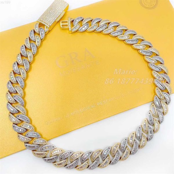 

15mm width hip hop jewelry iced out baguette vvs moissanite cuban chain luxury iced out cuban link two tone, Silver