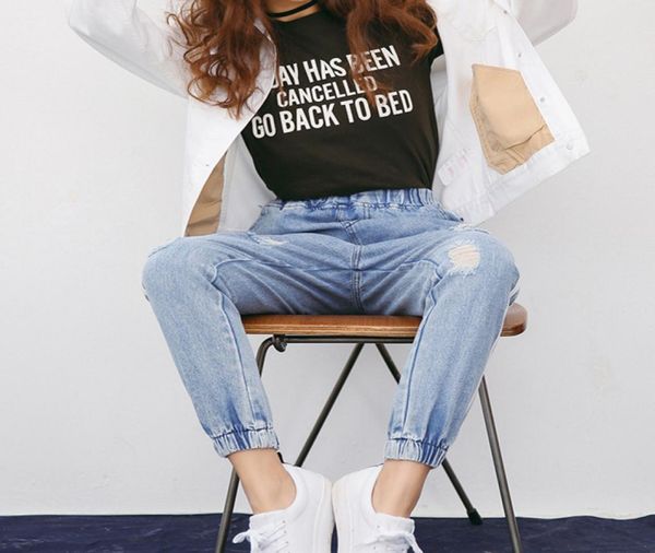 

girls female blue boyfriend jeans pants women elastic mid waist button long trousers dual pockets ripped jeans3875958