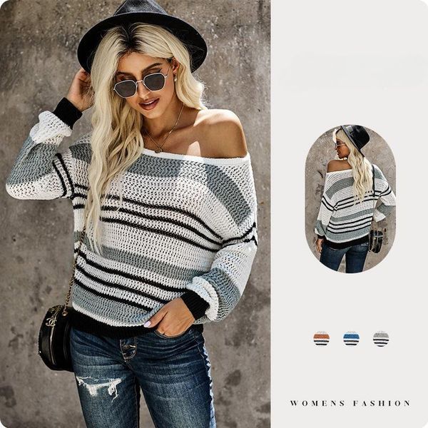 

women's sweaters fall winter new striped contrast long sleeve crew knitted yarn sweater women, White;black