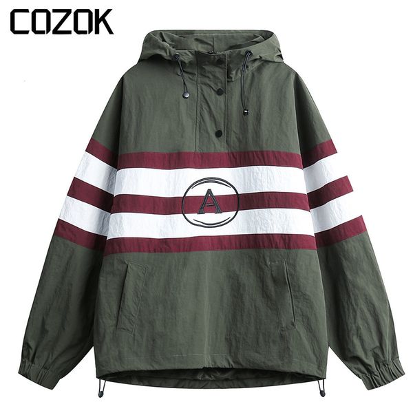 

mens jackets american vintage spring thin sports jacket men patchwork striped letter print hooded wome pullover couple windbreaker 230726, Black;brown