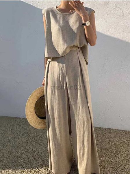 

women's sleep lounge 2023 summer cotton women's pajamas set sleeveless o-neck tank wide leg pants two piece sets women home suit o