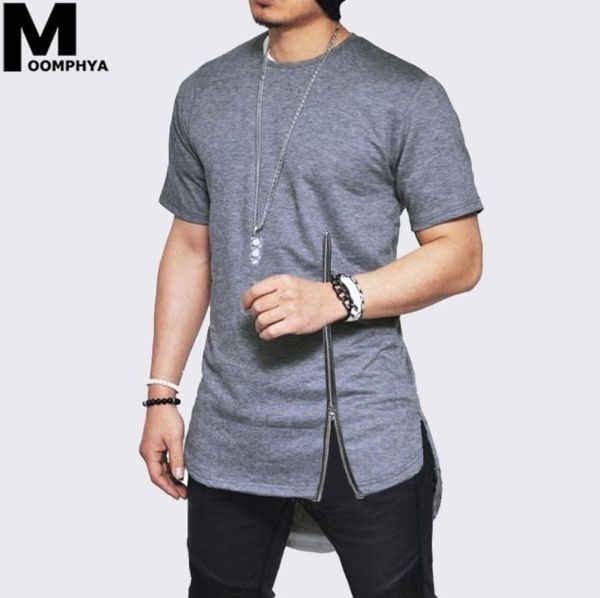

moomphya 2019 new zipper short sleeve men t shirt streetwear side slit tshirt for men longline curve hem hip hop funny tshirt y205842063, White;black