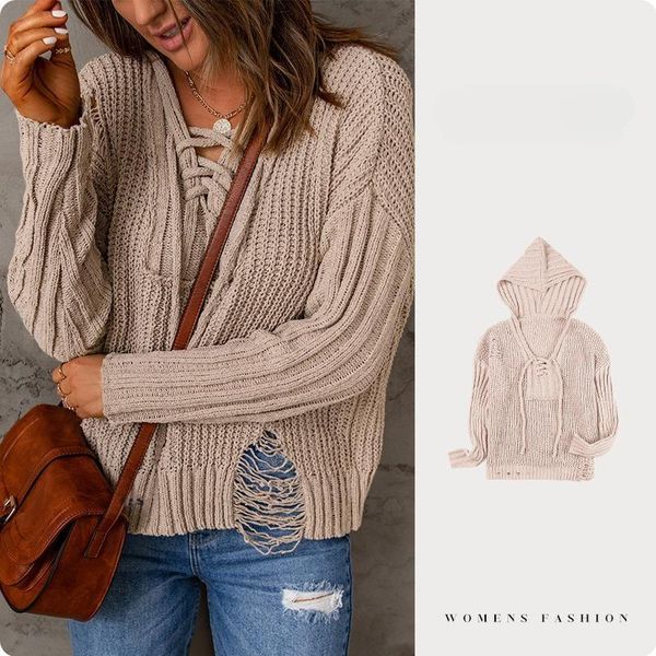

women's sweaters hooded pullover sweater fall winter 2023 new ripped knit bottoming shirt women's top, White;black