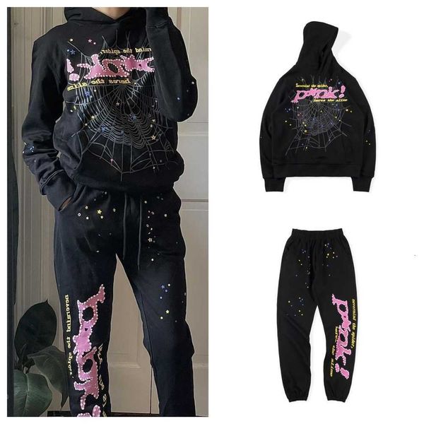 

spider 555 hoodie tracksuit sp5der worldwide pink young thug sweater men's woman nevermind foam print pullover clothing, Black
