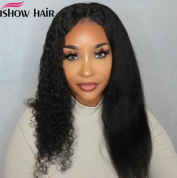 

ishow human hair wigs wet and wavy lace front wig preplucked human hair lace frontal wig middle part brazilian water wave lace wig9051133, Black;brown