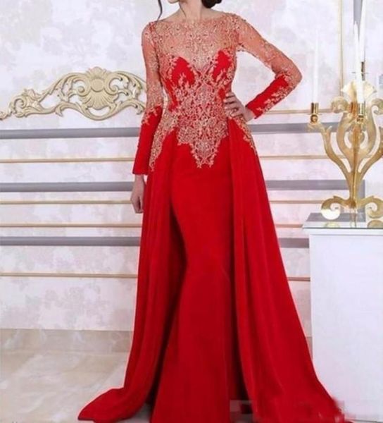 

arabic red long sleeve mermaid evening dresses with detachable skirt lace beading sequin kaftan formal women party gown1350638, Black;red