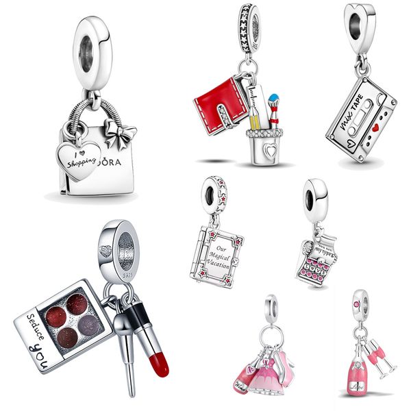

beer bottle lipstick charms string stemware 925 silver designer girls party jewelry gift diy fit pandora bracelet for women necklace, Bronze;silver