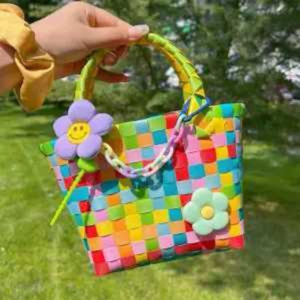 

rainbow rattan woven basket handbags summer new rainbow color ball woven vegetable basket bag parent-child handbag small square bag beach ba