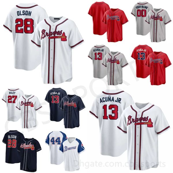 

austin riley atlanta custom braves jersey 7 dansby swanson mens womens 44 hank aaron 28 matt oson ronald 13 acuna jr white red navy grey you, Blue;black