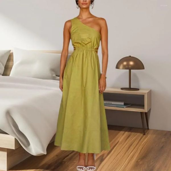 

casual dresses summer dress solid color high waist one-shoulder elegant temperament streetwear lace up cutout tight a-line long dre, Black;gray