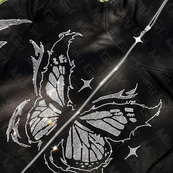 

sport harajuku long sleeve jacket seasonal sweatshirt y2k butterfly drill hoodie jacket men's hoodie, Black
