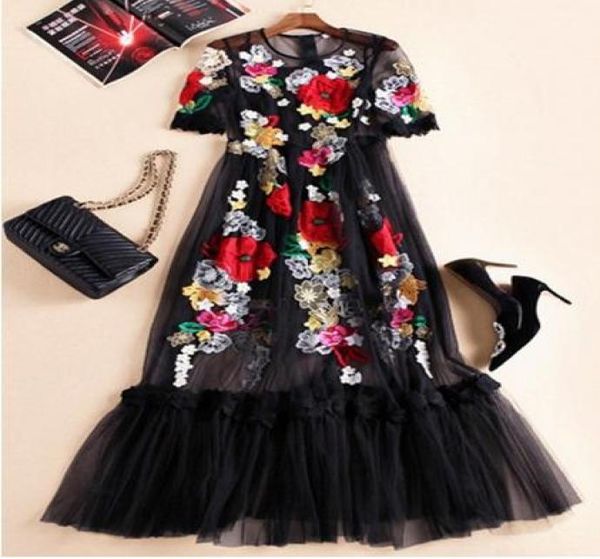 

the new europe and the united states women's 2020 spring the looks heavy net yarn embroidered flower long dress2490665, Black