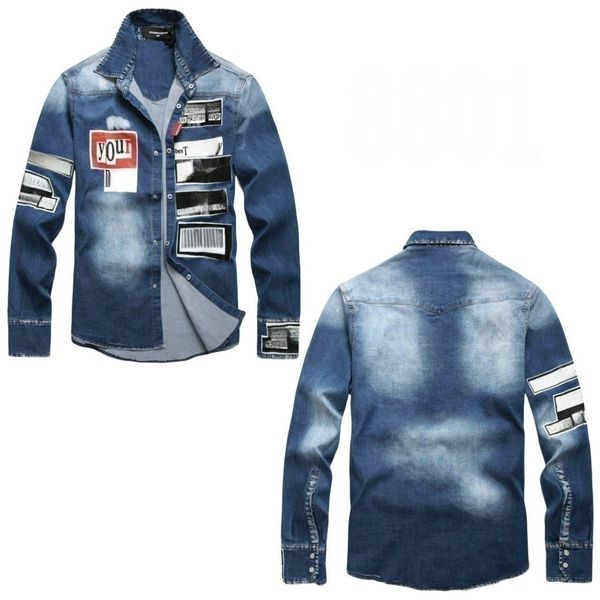 

men's shirt denim dsquare luxury designer denim dsquare embroidery sky blue d2 personality vintage male decoration body male dsq8801, White;black
