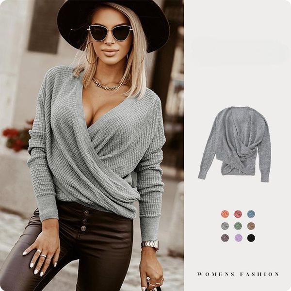 

women's sweaters crossover v-neck sweater fall winter 2023 new solid color long sleeve women's knitwear top, White;black