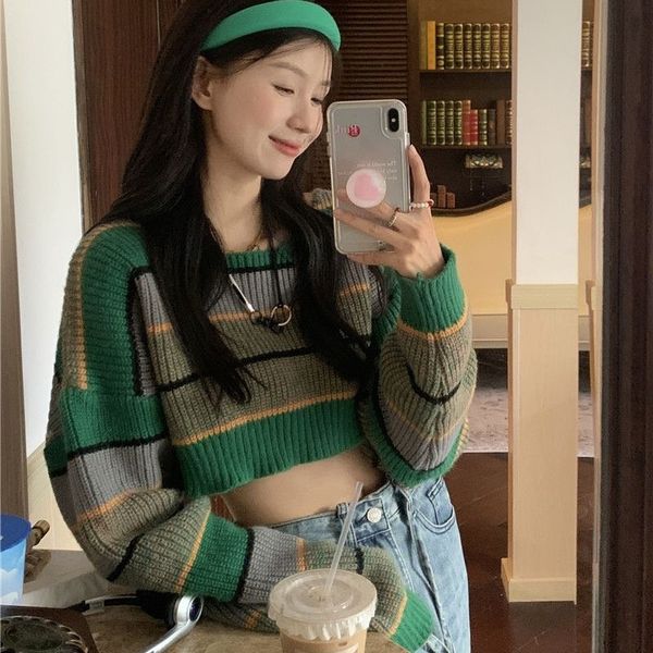 

women's sweaters lazy style color block striped knit pullover vintage girl cropped sweater woman korean batwing sleeve knitted blouse 2, White;black