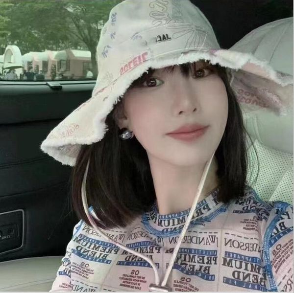 

hyunya's same jaquemus summer wash big brim bucket hat holiday fur brim rope sunscreen women's sun hat, Blue;gray