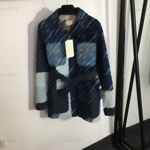 

womens designer denim coat letter jacquard long windbreaker jacket size s- patch panel tie waist long sleeve jean jacket july21, Black;brown