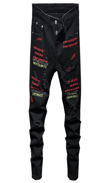 

european and american style black nail holes men039s jeans slim stretch letter embroidery denim for male pants pantalons po7907934, Blue