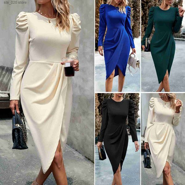 

basic casual dresses design a solid color dress for autumn and winter 2023. elegant and elegant waistband round neck long dress t230727, Black;gray