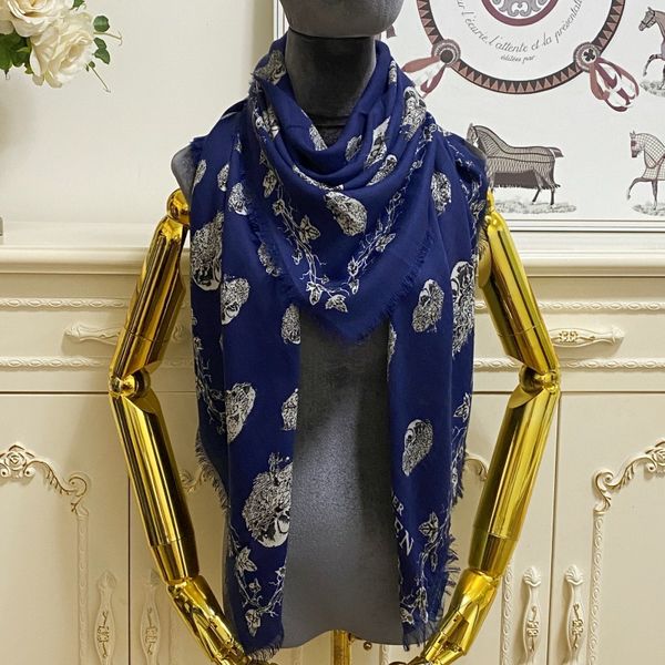 

women's square scarf scarves shawl 35%silk 65% cashmere material deep blue print letters flowers size 130cm - 130cm, Blue;gray