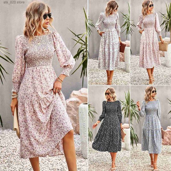 

basic casual dresses temperament waistband printed dress 2023 spring/summer leisure vacation girl t230727, Black;gray