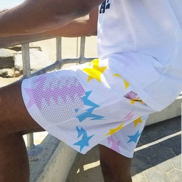 

shorts men short mesh tshort brand designer mid waisted with pockets star white t short for sports beach swim drifting fast quick drying, White;black