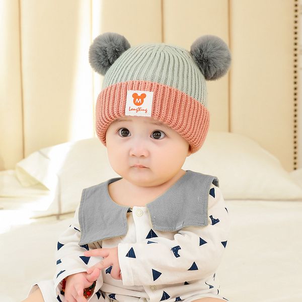 

autumn and winter baby woolen hat double layer 1-3 year old children's hat boys and girls' knitted hat rl334, Blue;gray