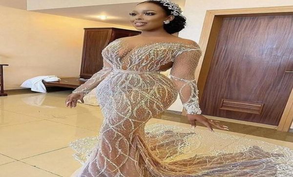 

sparkly arabic beaded mermaid prom dresses long sleeve appliqued sequined evening dress sheer jewel neck party second reception go7349018, Black