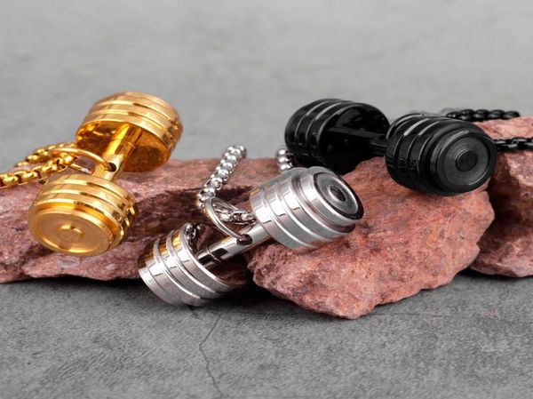 

gold black dumbbell fitness men necklaces pendants chain for boyfriend male stainless steel jewelry creativity gift whole7952983, Silver