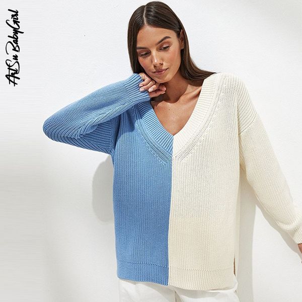 

women's sweaters autumn winter sweater long sleeve jumper women v neck pullover female warm fashion 2023 streetwear patchwork knitted 2, White;black