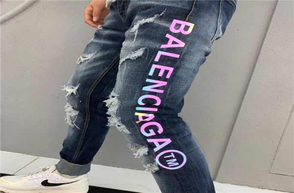 

2020brand new mens jeans distressed ripped biker jeans slim fit motorcycle biker denim jeans 2019 fashion designer pants16349885, Blue