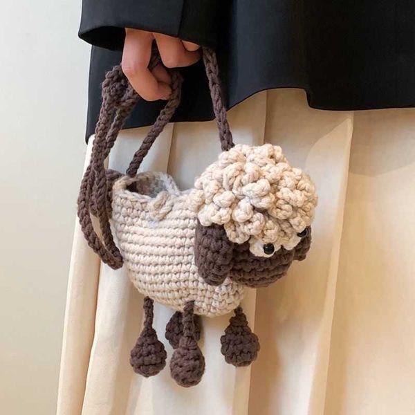 

lamb knitting crossbody bag hand-woven shoulder bag hand-woven bag, children's bag cute cartoon sheep casual women's bag, handbag