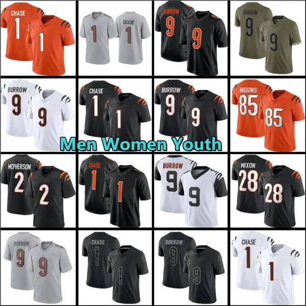 

9 joe burrow 1 ja'marr chase football jersey tee higgins 94 sam hubbard jessie bates iii mixon 2 evan mcpherson uzomah logan wilson chi, Black;red