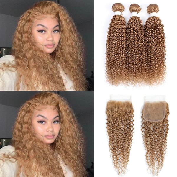 

indian virgin hair bundles with 4x4 lace closure 8-30inch 27# color kinky culry 100% human hair 4 pcs/lot, Black;brown