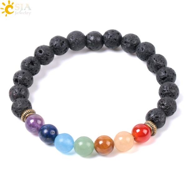 

csja natural black lava rock beads bracelets 7 chakra mala gems stone prayer meditation strand bracelet energy reiki jewelry whole5011160