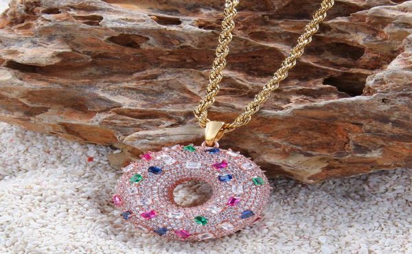 

iced out colorful donuts pendant necklace fashion mens womens couples hip hop rose gold necklaces jewelry4289560, Silver