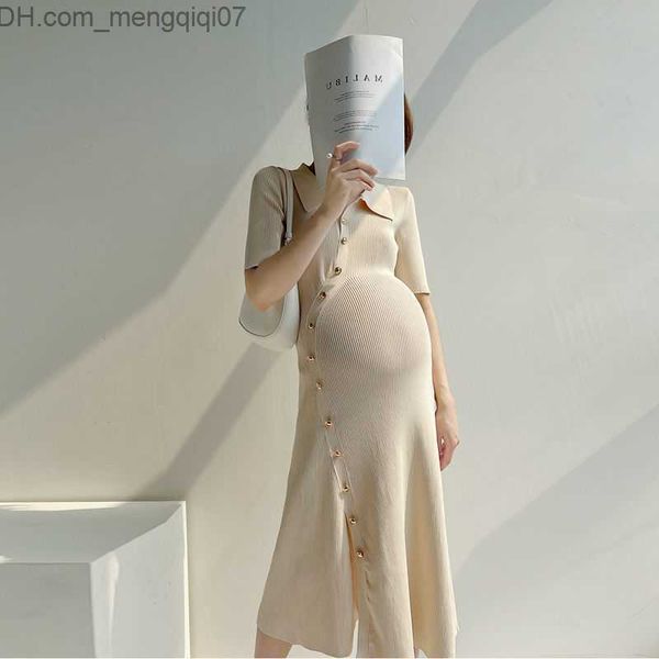 

maternity dresses pregnant women's solid knitted sweater full sleeve elegant long dress button autumn winter pregnant women's dres, White