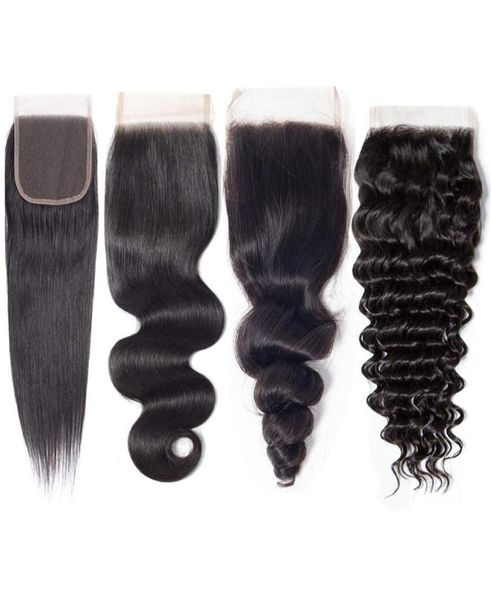 

4x4 lace closure virgin brazilian human hair middle three part closure straight body loose deep wave curly natural color 8184413725, Black