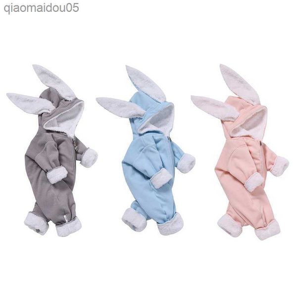 

boys girls bunny ear romper long sleeve overalls 2022 autumn winter newborn baby rabbit onesie baby clothes fleece warm jumpsuit l230712, Blue