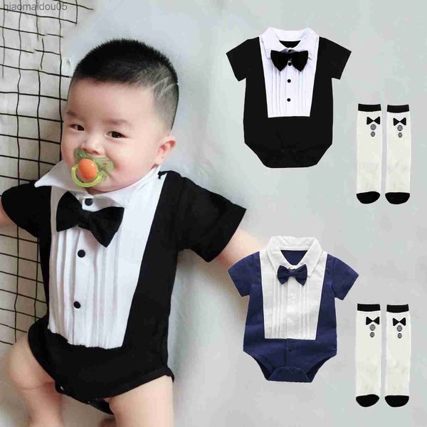 

new summer 0-2 years old baby gentleman cotton fabric clothing crl suit baby clothing onesie + socks l230712, Blue
