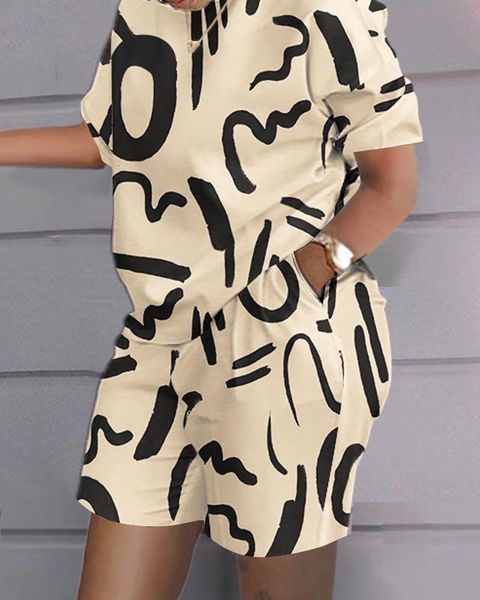 

women's t-shirt women casual short sleeve outfit summer fashion letter printed o neck pocket suit female t shirt shorts two pieces set, White