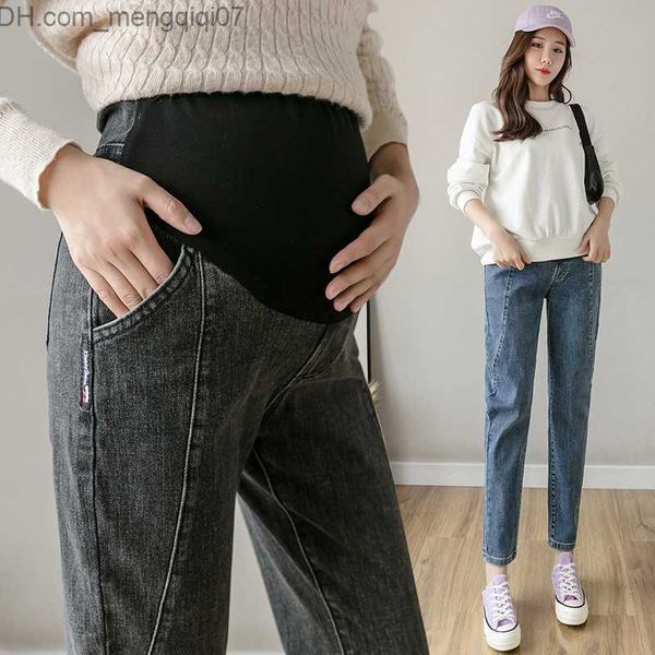 

maternity dresses 9531# 2021 spring autumn denim pregnant women harem jeans abdomen loose pants pregnant women drainage pipe trousers z23072, White