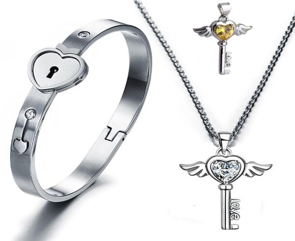 

titanium steel lovers open heart lock bangles key pendant necklace couples charm jewelry set women accessories men bracelets9476592, Silver