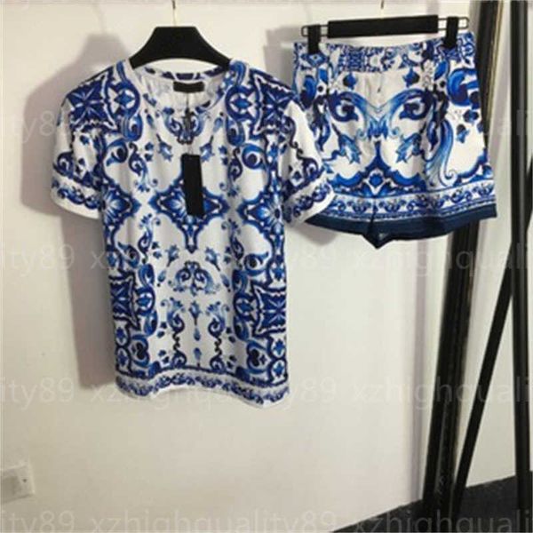 

t-shirt shorts two piece set summer cool suit blue printed clothing round neck short sleeve tshirt comfort slim short pant women suits desig, White