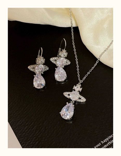 

the dazzling goddess empress dowager west saturn crystal necklace super sparkling water drop ear hook temperament design and sense of earrin, Golden